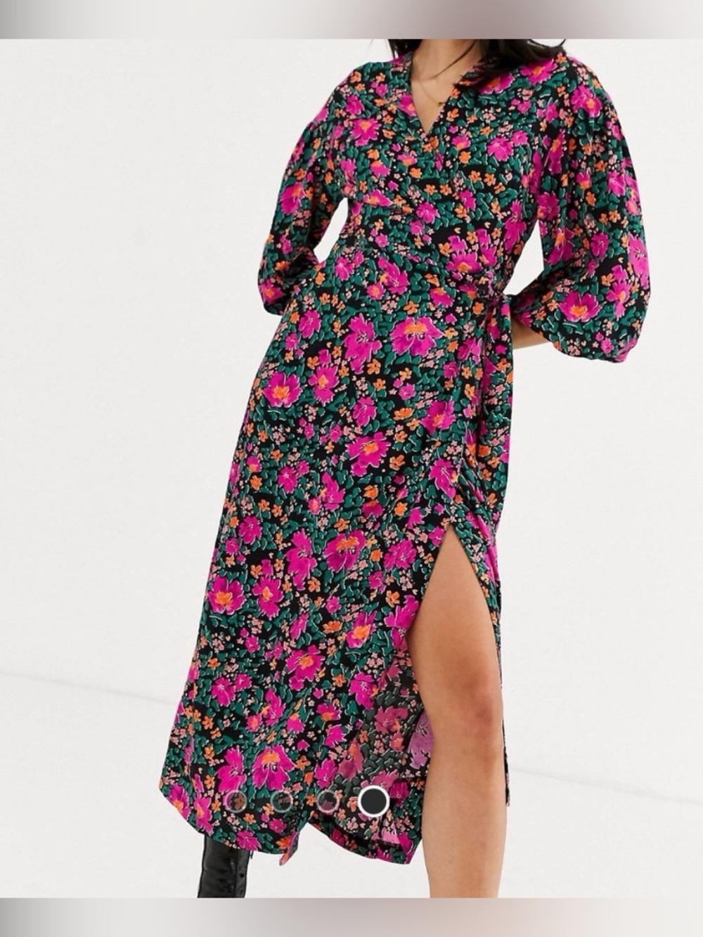Topshop Black Floral Wrap Dress with pink, green, orange flowers, size 8